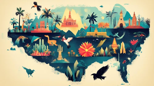 Whimsical World Illustration with Birds and Landmarks