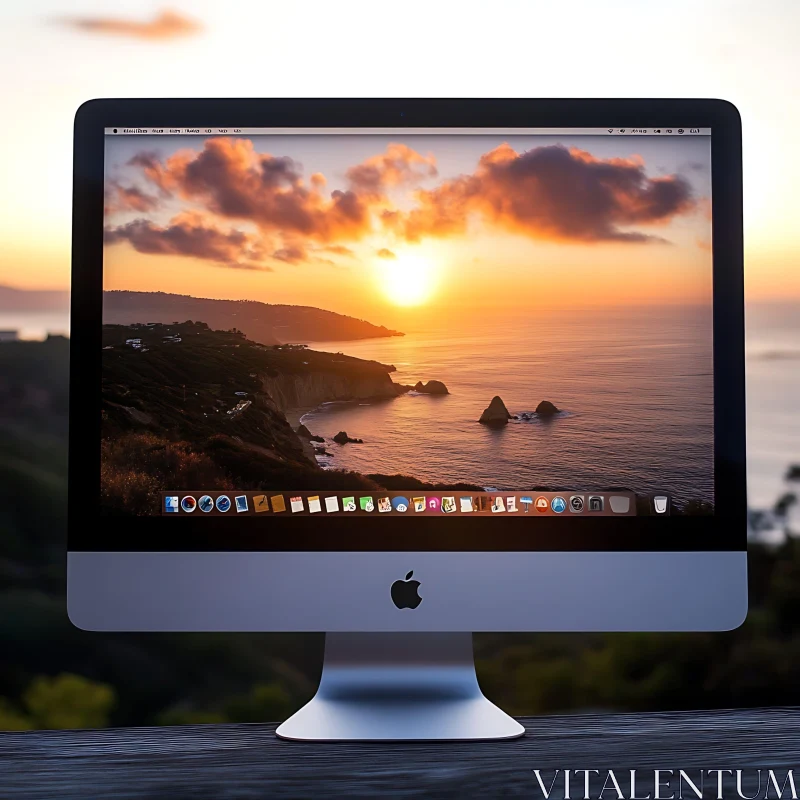 Apple Desktop with Coastal Sunset Scene AI Image