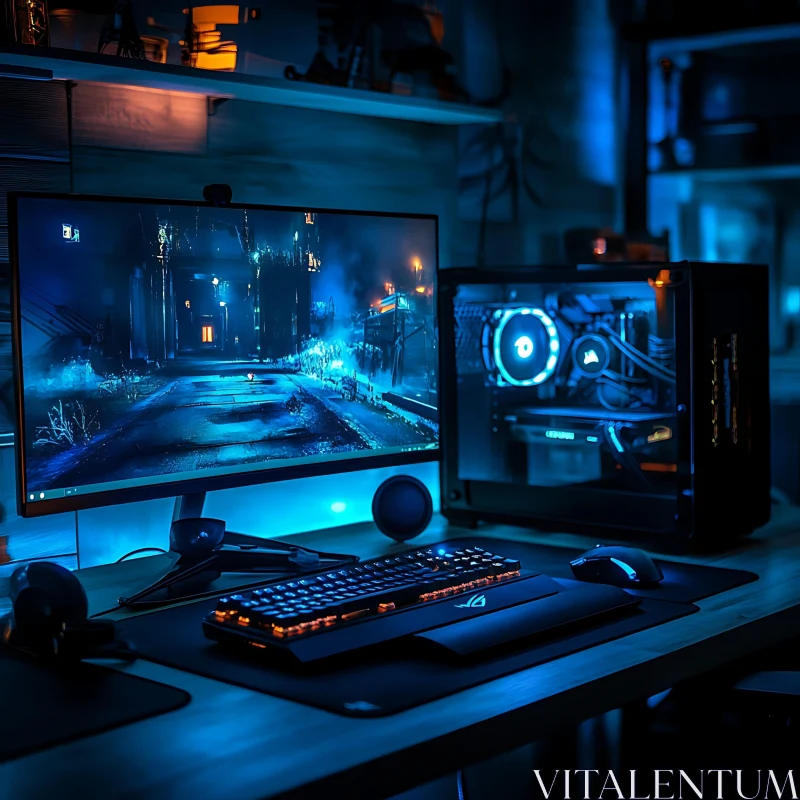 Advanced Gaming Station with Cool Blue Ambiance AI Image