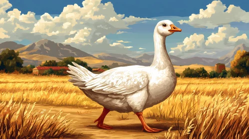 White Goose in a Rural Wheat Field