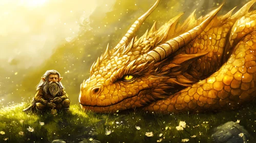 Enchanted Golden Dragon with Elf Companion