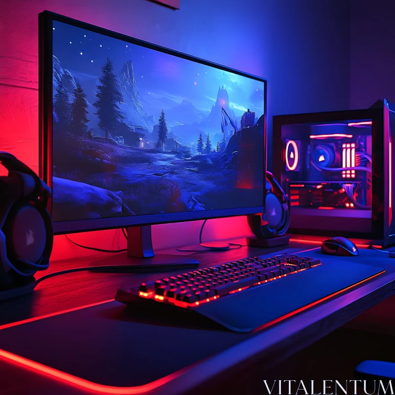 High-Performance Gaming Setup with LED Lights AI Image