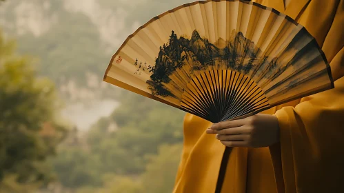 Painted Mountains on Traditional Fan