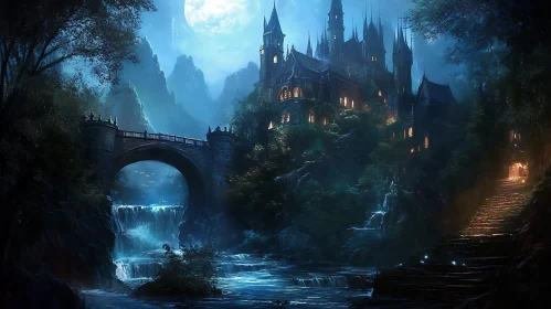 Moonlit Castle and Stone Bridge