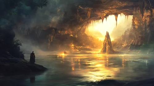 Tranquil Waters and Illuminated Cave Scene