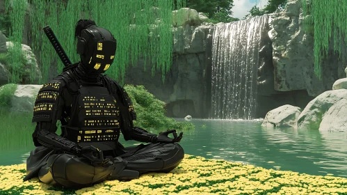 Cybernetic Warrior in Tranquil Contemplation