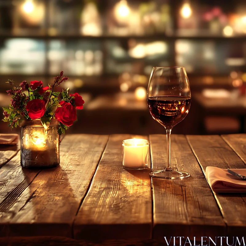 AI ART Candlelit Wine and Roses on Wooden Table