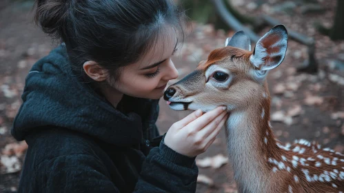 Woman's Affection for Deer in Nature