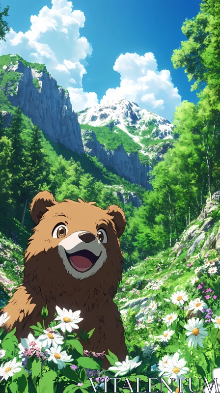 Animated Bear with Mountain Backdrop AI Image