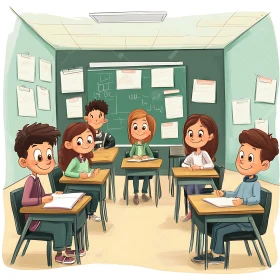 Students in Class Cartoon Illustration