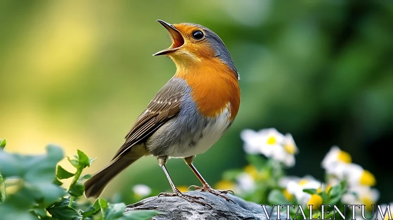 Robin's Serenade: A Bird's Song on Stone AI Image