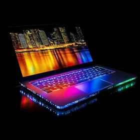 Futuristic Laptop with City Lights Reflections
