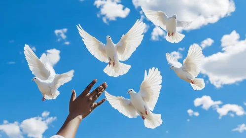 White Doves in Flight Against Blue Sky