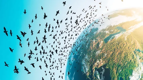 Flock of Birds Ascending from Earth