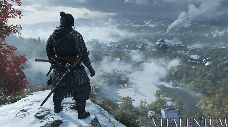 Samurai on Snowy Peak AI Image