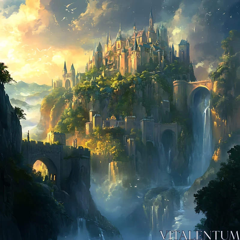 AI ART Mountain Castle and Waterfalls Landscape