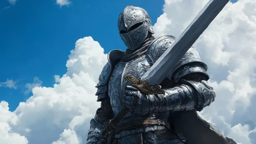 Armored Knight with Sword in Cloudy Sky