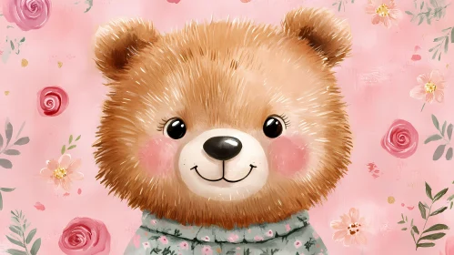 Adorable Bear in Pink Floral Setting