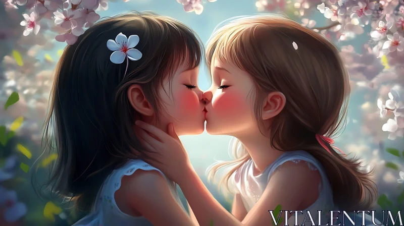 Girls Kissing Under Blossoming Trees AI Image