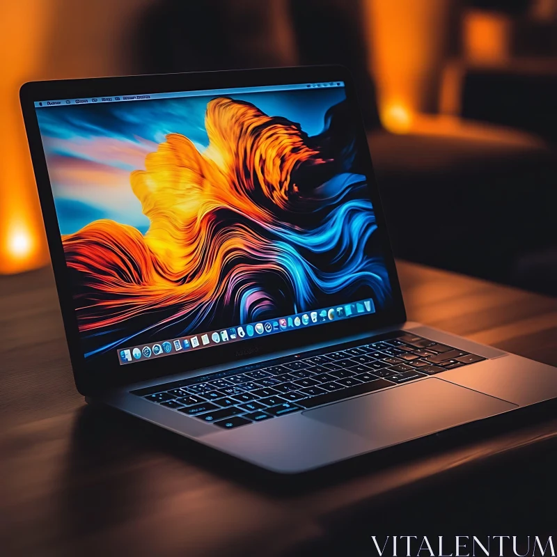 Stylish Laptop Featuring Digital Waves Wallpaper AI Image