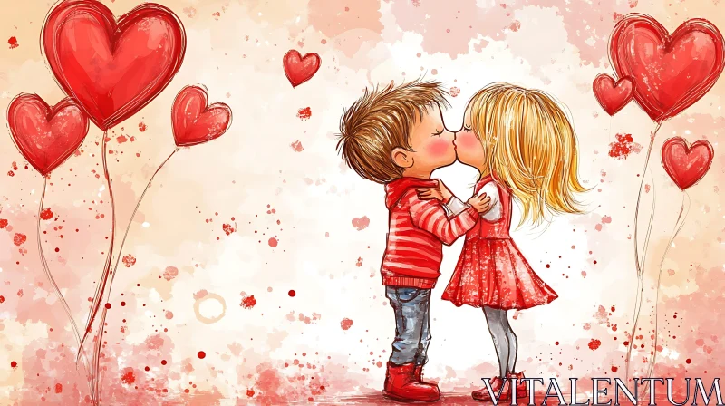 Heart Balloons and Children Kissing AI Image