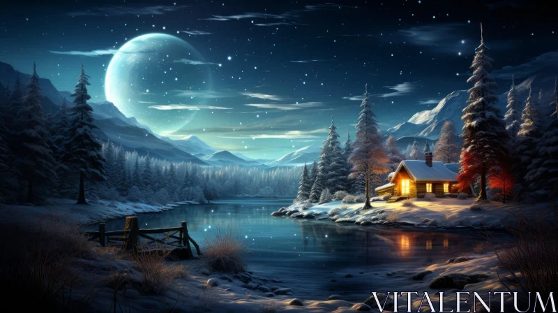 Moonlit Winter Wonderland: Digital Painting of a Serene Cabin by the Lake AI Image