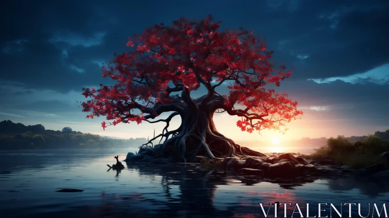 Sunset Serenity: Zen-Inspired Tree Illustration in Maranao Art Style AI Image
