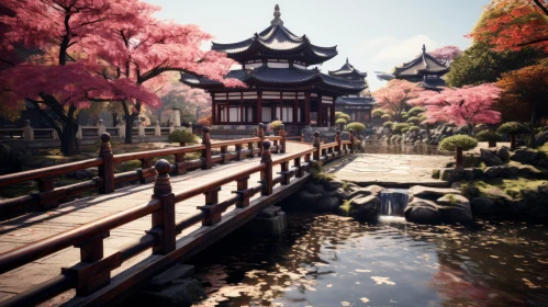 Tranquil Bridge Scene with Cherry Blossoms Rendered in Unreal Engine