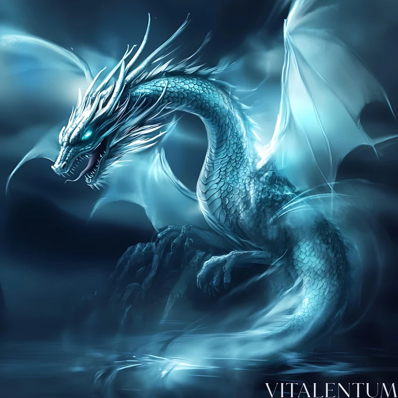 Azure Dragon Perched on Rocks AI Image