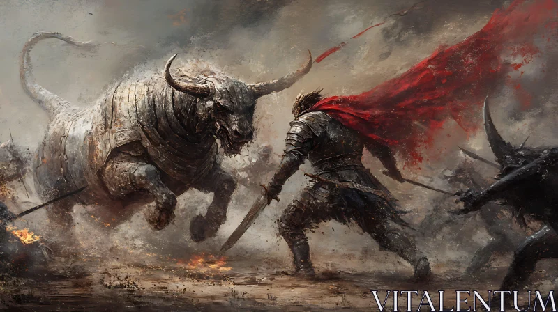 Warrior and Bull Clash in Fantasy Art AI Image