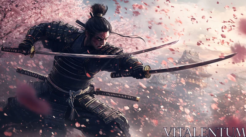 Warrior in Cherry Blossom Storm AI Image