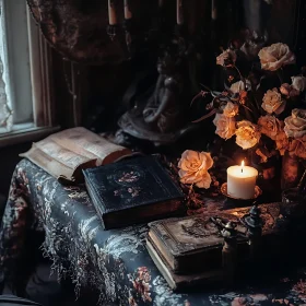 Antique Books with Candlelight and Roses