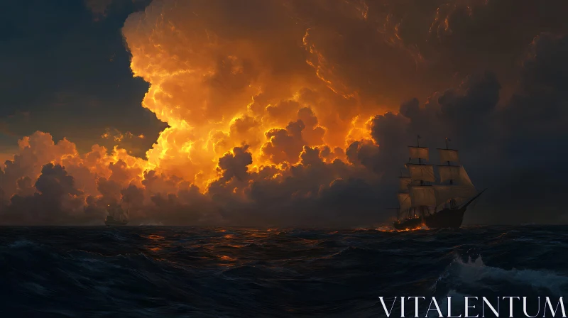 AI ART Stormy Seas and Golden Skies: A Sailboat's Journey
