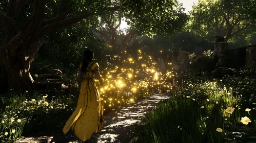 Sunlit Forest Path with Woman in Yellow Dress