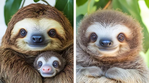 Cute Sloth Mother and Baby in Natural Habitat