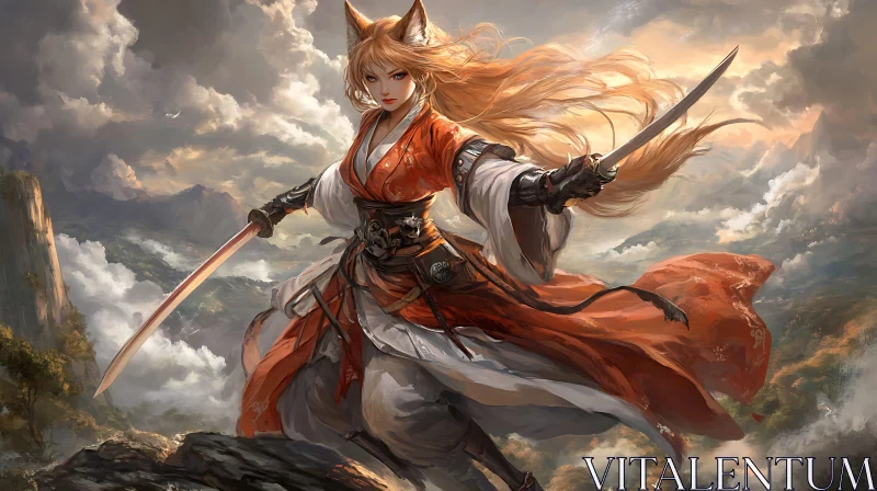 AI ART Fantasy Fox Girl Warrior with Twin Blades