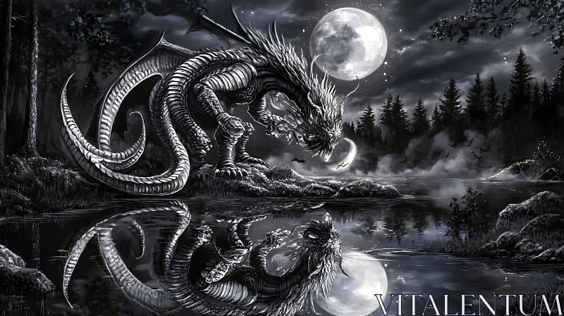 AI ART Monochrome Dragon by the Lake at Night