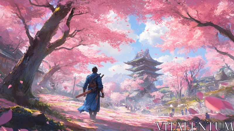 Japanese Temple and Sakura Bloom Artwork AI Image