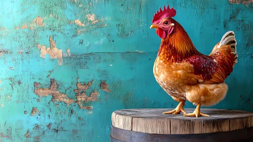 Rooster on Barrel with Distressed Wall