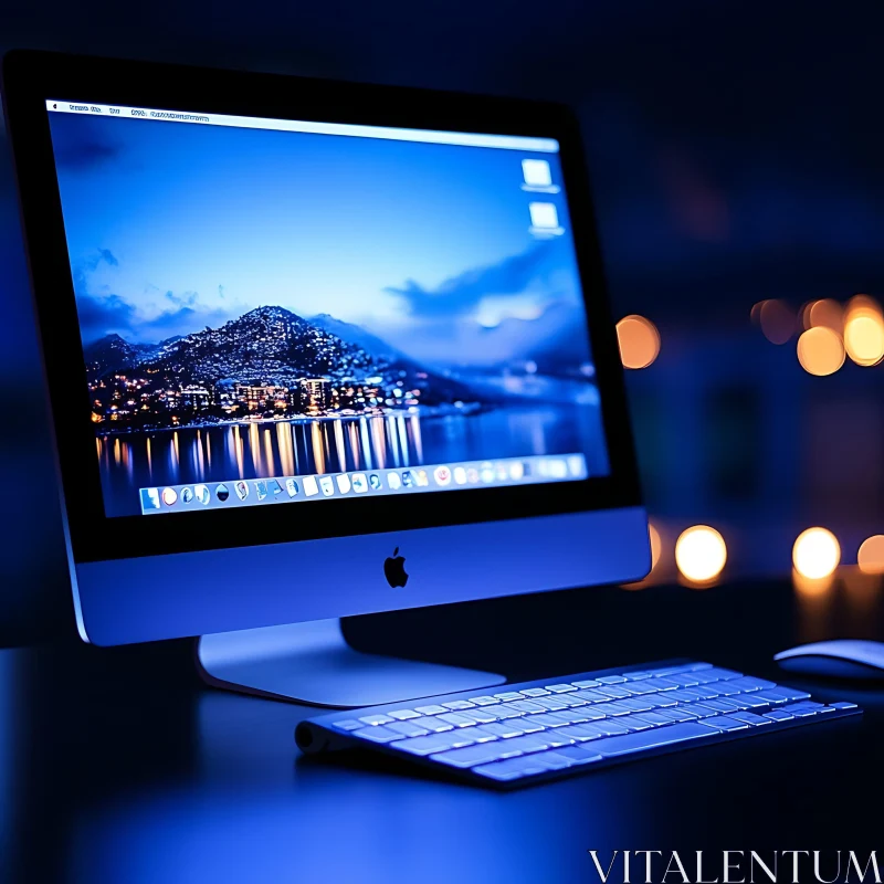 Sleek Desktop Computer Setup with Blue Display AI Image