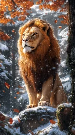 Lion in Winter Landscape