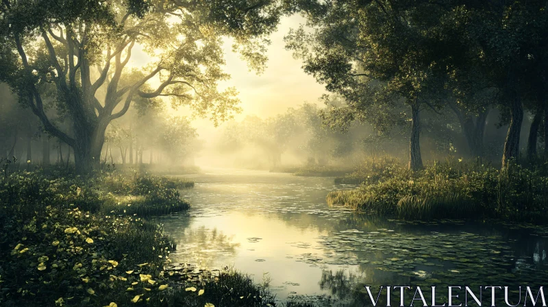 Serene River Landscape with Sunlit Mist AI Image