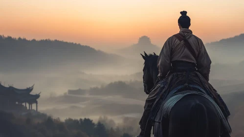 Equestrian Contemplation: Sunset Over Misty Peaks