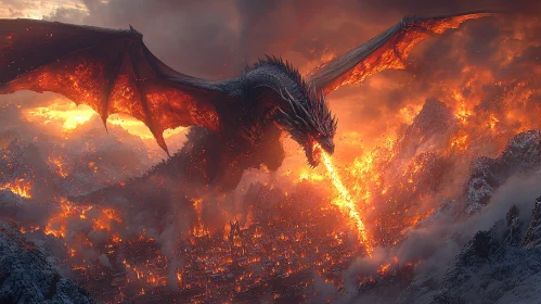 Inferno Dragon Over Snowy Peaks