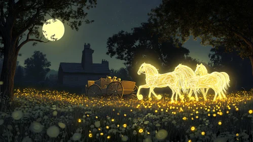 Glowing Horses and Carriage Fantasy Scene