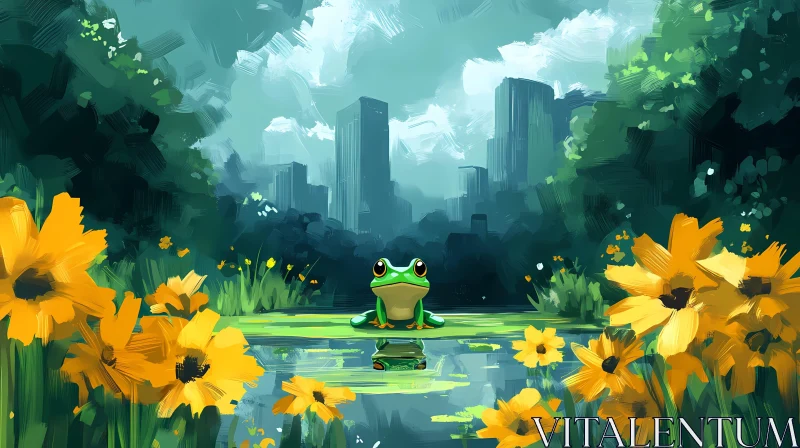 Urban Pond with Frog and Flowers AI Image