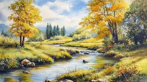 Golden Autumn Trees by a Tranquil Meadow River