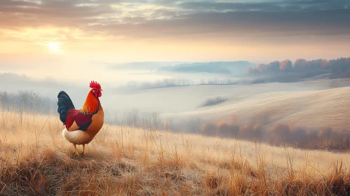 Misty Morning Landscape with a Rooster