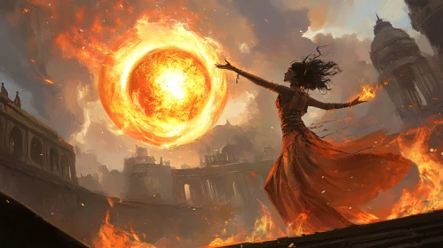 Fiery Orb Magic in Apocalyptic Cityscape