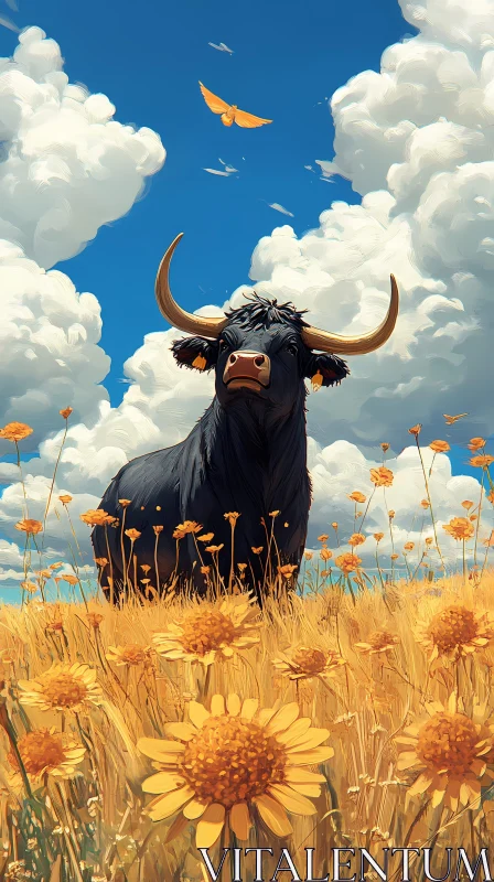 Serene Bull in Sunflower Field AI Image